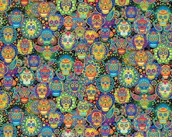 Sugar Skulls in Black Fun Collection  Multi-colored by Timeless Treasures 44 Inches Wide 100% Cotton Fabric TT-C7378