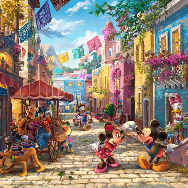 Disney Dreams 9 Mickey & Minnie in Mexico Panel 36" door Thomas Kinkade Studios voor David Textiles 44 inch 100% katoenen stof DT-DS-2150-1C-1