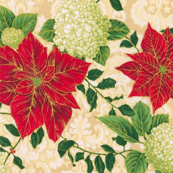 Holiday Flourish Snow Flower Poinsettia Christmas Damask in Cream by Robert Kaufman 44 inches 100% Cotton Quilting Fabric RK-SRKM-21595-84