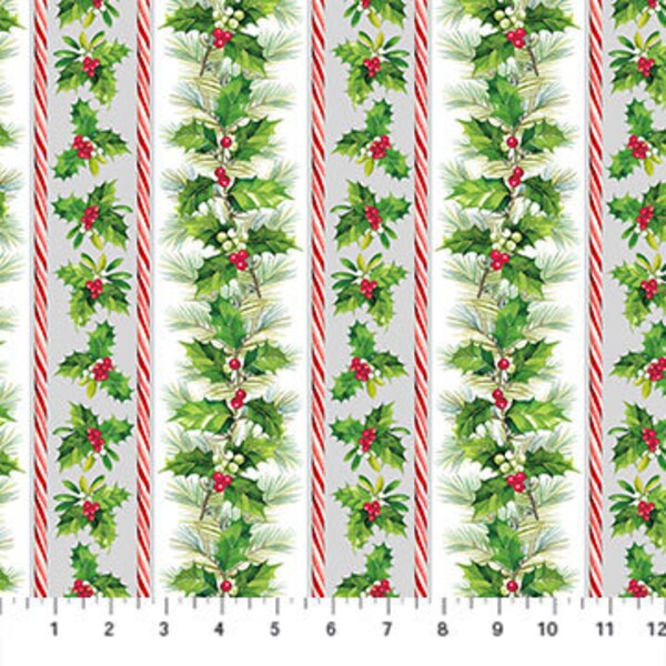 Here Comes Santa Holly and Pine Border Stripe by Jason Kirk for Northcott Fabrics 43 inches wide 100% Cotton Quilting Fabric NC-24069-10