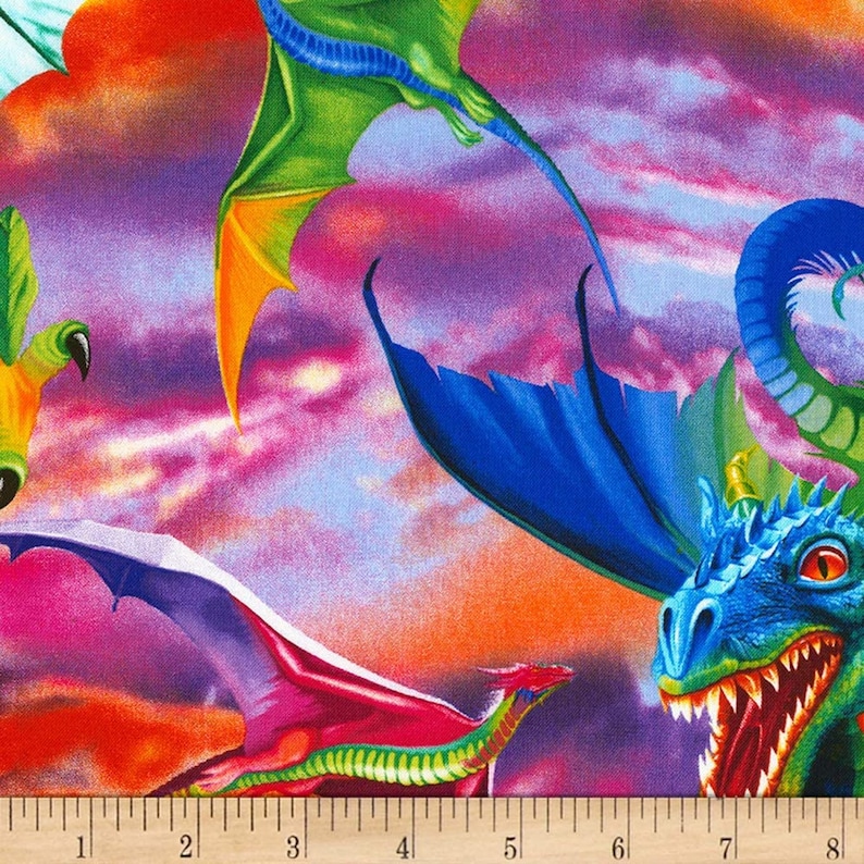Dragons in Rainbow Bright Colors allover designed by Michael Searle 44 inches wide by Timeless Treasures 100/% Cotton Fabric TT-C6317 Bright