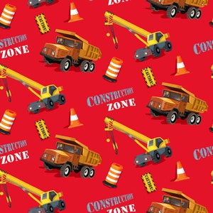 Construction Zone Crane and Dump Truck in Red by Robert Giordano for Henry Glass Fabrics 44 in wide 100% Cotton Quilting Fabric HG-386-88