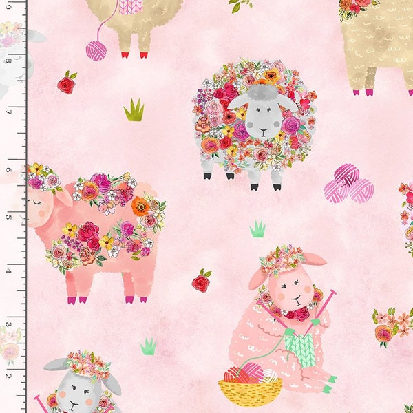 Knitting Goddess Knitting Sheep Flowers in Pink by Gail Cadden for Timeless Treasures 44 inches wide Cotton Quilting Fabric TT C1090 Pink