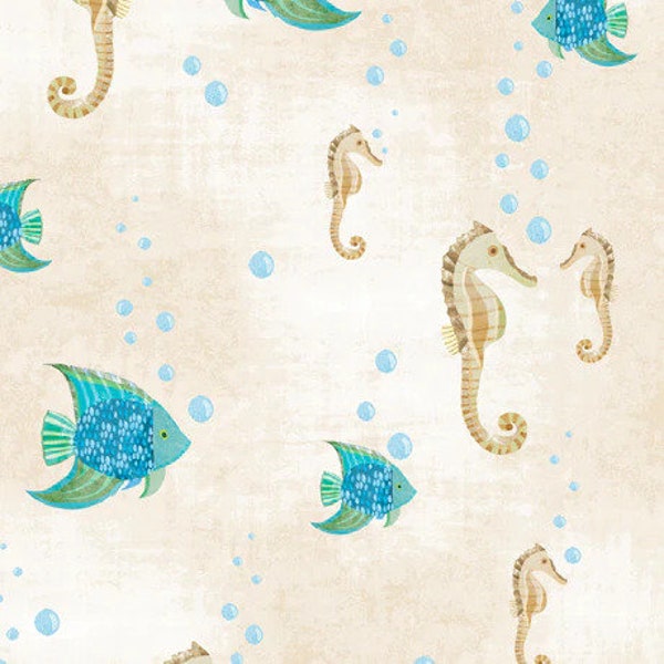 Seashore Seahorses & Fish in Beige by Turnowsky for Quilting Treasures 44 inches wide 100% Cotton Quilting Fabric QT-29268-E