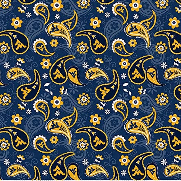 West Virginia Mountaineers NCAA College  Bandana Paisley 43 inches wide  100% Cotton Quilting  Fabric WV-1200