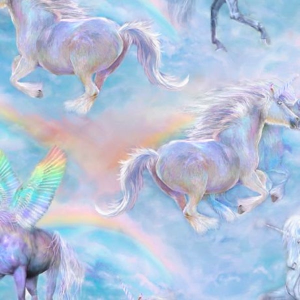 Unicorn Mystique Unicorns & Rainbows in Blue by Carol Cavalaris for QT Fabrics 44 inches wide 100% Cotton Quilting Fabric QT-29211-B