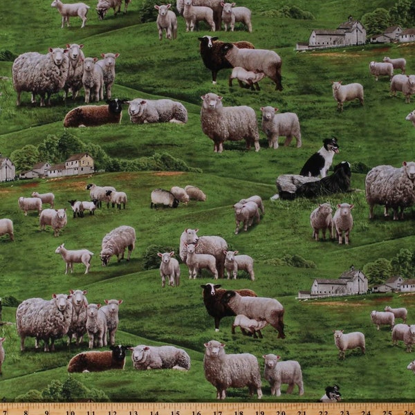 Farm Animals Sheep Herd Collies Dogs Field Pasture in Green by Elizabeth's Studio 44 inches wide 100% Cotton Quilting Fabric ES 360-Green