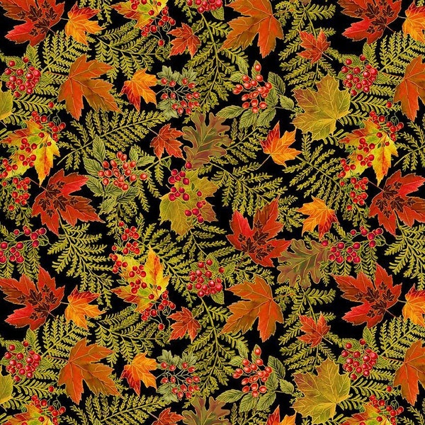 Thankful Packed Metallic Autumn Leaves in Black by Timeless Treasures 44 in wide 100% Cotton Fabric TT-HARVEST-CM2106-BLACK