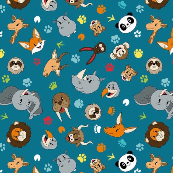 A to Zoo Tossed Animal Faces in Teal by Hannah of Pencil & Ink Studio for Blank Quilting 44 in wide 100% Cotton Quilting Fabric BQ-2654-67