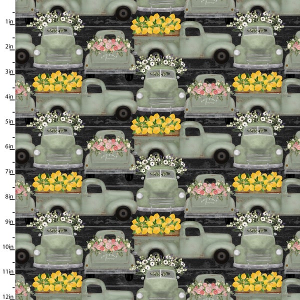 White Cottage Farm Fresh Trucks in Charcoal by Beth Albert for 3 Wishes Fabrics 44 inches wide 100% Cotton Quilting Fabric 3W-20879-CHR