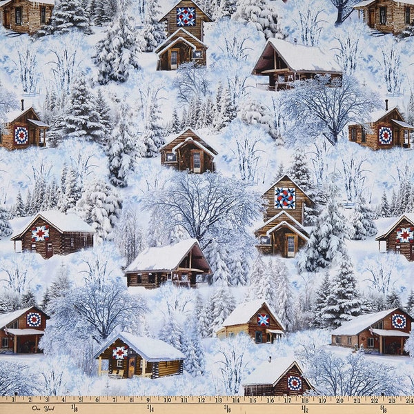 Holiday Retreat Winter Cabins with Quilt Symbol in Snow by Timeless Treasures 44 inches wide 100% Cotton Quilting Fabric TT-CD1470-Snow