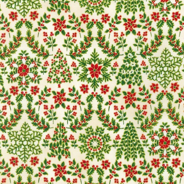 Holiday Flourish Snow Flower Christmas Tree Snowflake Damask in Cream by Robert Kaufman 44 inches wide 100% Cotton Fabric RK-SRKM-21601-84