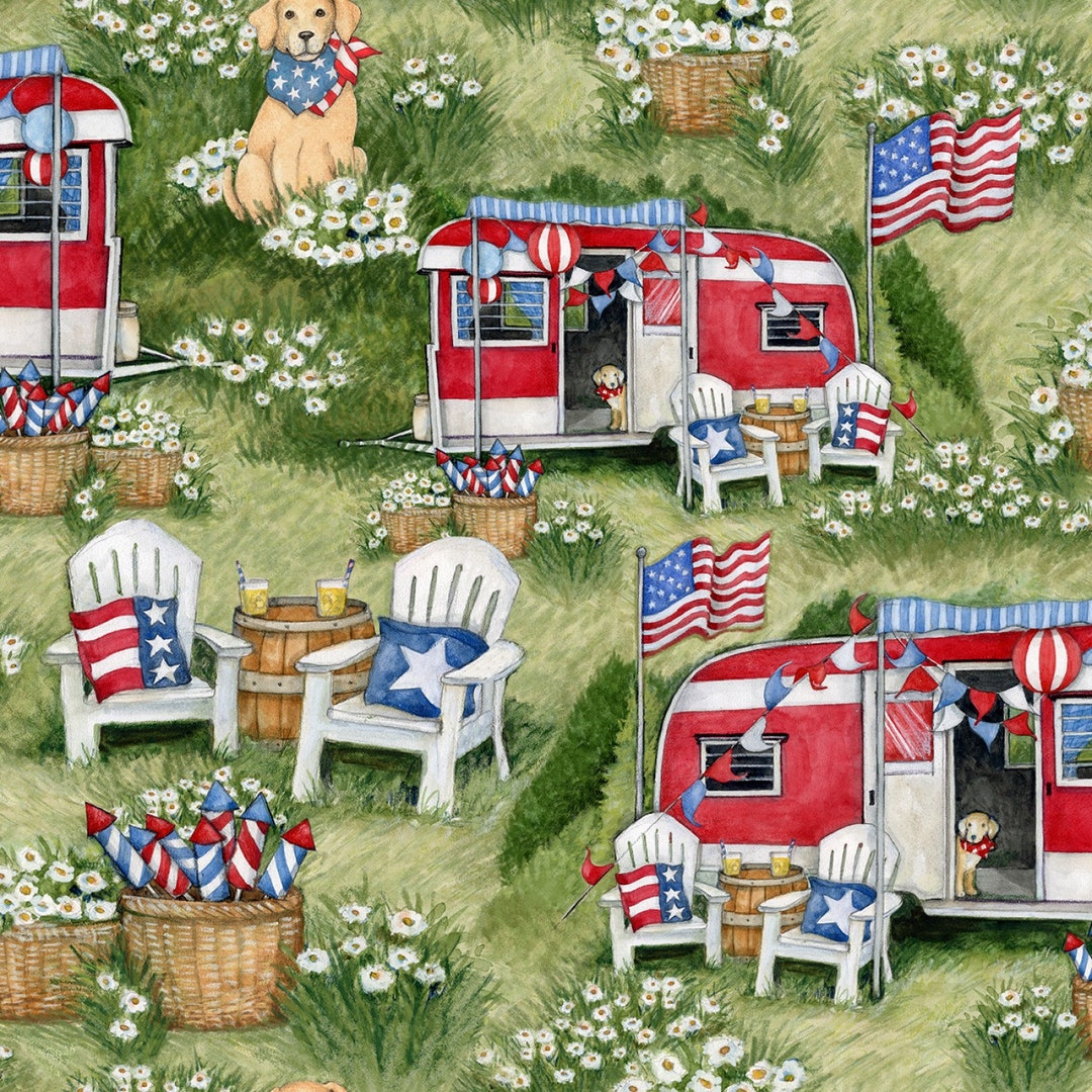 REMNANT 1/2 Yard Camping Patriotic Red Camper RV Chairs Fireworks for ...