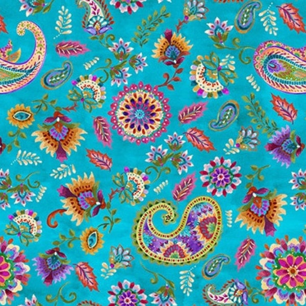 Petra Tossed Paisley with Medallion Floral in Turquoise Blue Green by Satin Moon Designs Blank Quilting 44 in 100% Cotton Fabric BQ-3273-75