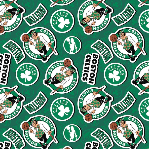 Boston Celtics NBA 2023 Sticker Toss in Green by Camelot Fabrics 44 inches wide 100% Cotton Quilting Fabric NBA-83BOS203-02