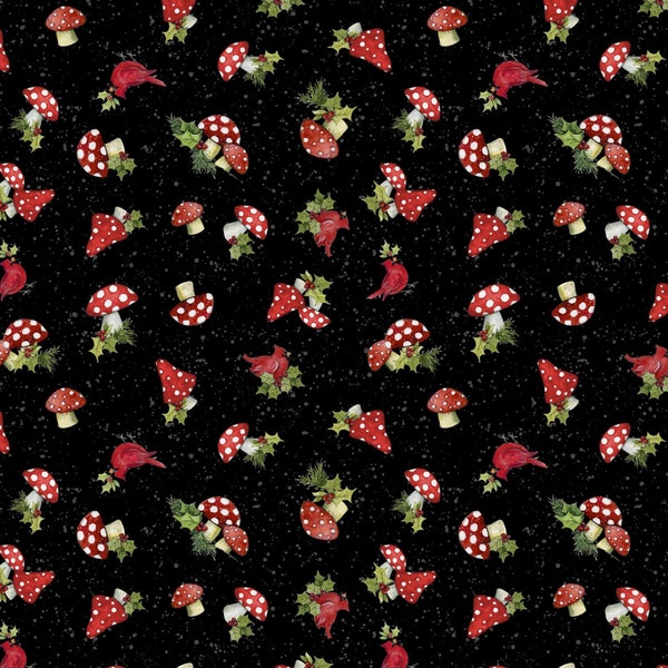 Baby It's Gnomes Outside Mushroom Toss in Black by Susan Winget for Wilmington Prints 44 inch 100% Cotton Quilting Fabric WP-3023-39805-917