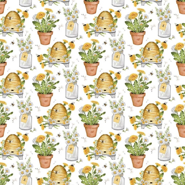 Beecroft Dandelions, Daisies, and Beehives in White Multi by Deborah Edwards for Northcott Fabrics 44 inches 100% Cotton Fabric NC-26670-10