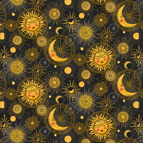 Celestial Galaxy Moons, Suns and Stars in Charcoal Black by Color Pop Studio for Blank Quilting 44 inches wide 100% Cotton Fabric BQ-3282-95