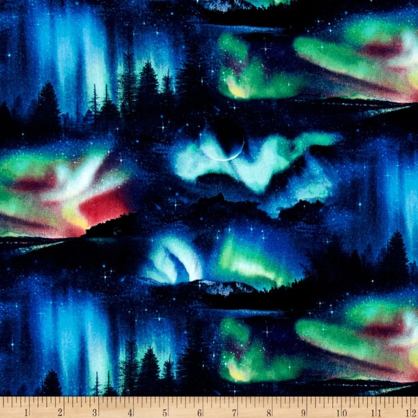 Northern Lights Aurora Borealis Black Landscape Medley by Elizabeth's Studio 44 inches wide 100% Cotton Quilting Fabric ES-502-Black