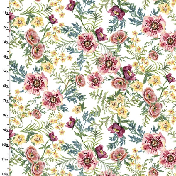 Forest Friends for Girl in Pink Floral in White by Audrey Jeanne Roberts for 3 Wishes 43 inches wide Cotton Quilting Fabric 3W-18674-White