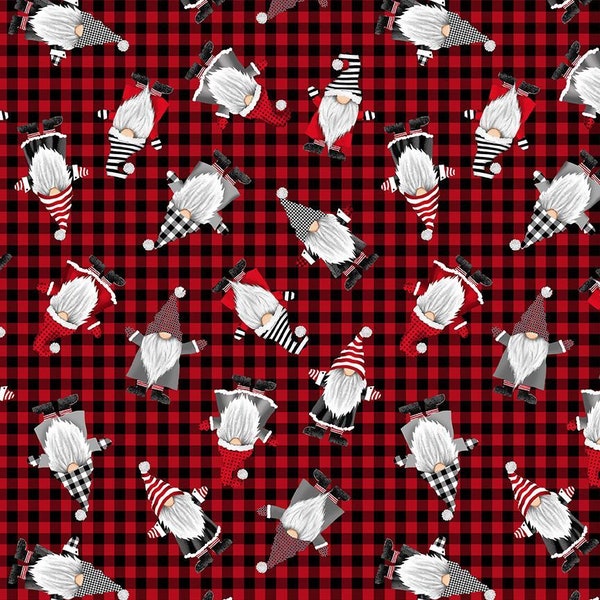 Softie Holiday Red Gnomes In Check Plaid in Red by Gail Cadden for Timeless Treasures 58 inches 100% Polyester Fabric TT-WSOFTIEG-PD2116-RED