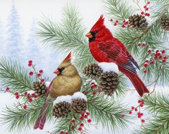 Tis The Season Cardinal Pair Winter Snow Panel 35 x 43 inches wide by David Textiles 100% Cotton Fabric Digitally Printed DT-ML-3194-0C-1