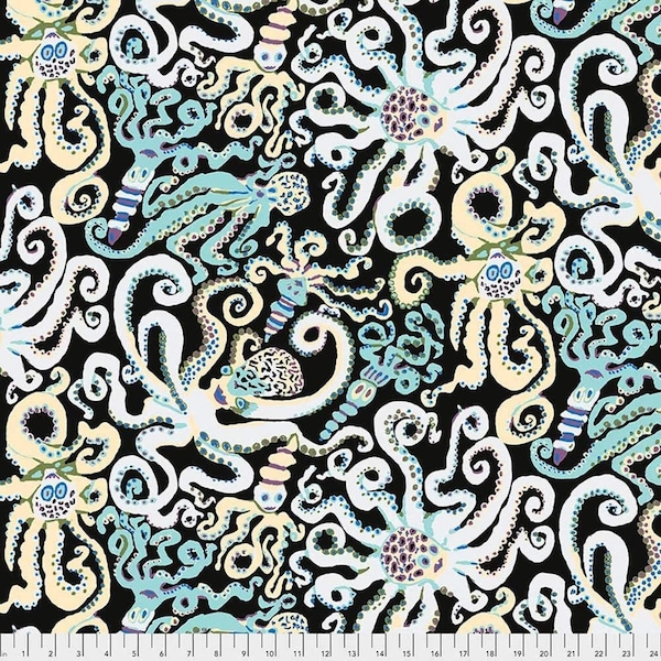 Octopus in Black Stash by Brandon Mably for Kaffe Fassett 43 inches wide 100% Cotton Quilting Fabric FS PWBM074.BLACK