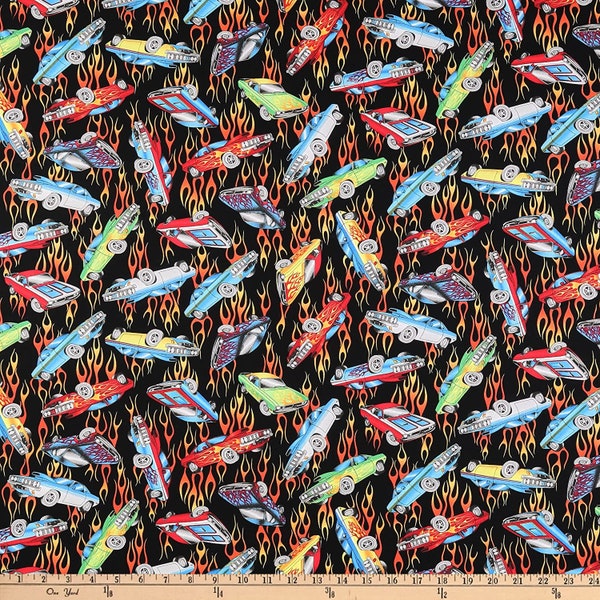 Car Retro Cars Flames in Black Hot Rod by Timeless Treasures 44 inches wide 100% Cotton Quilting Fabric TT-C1109 Black