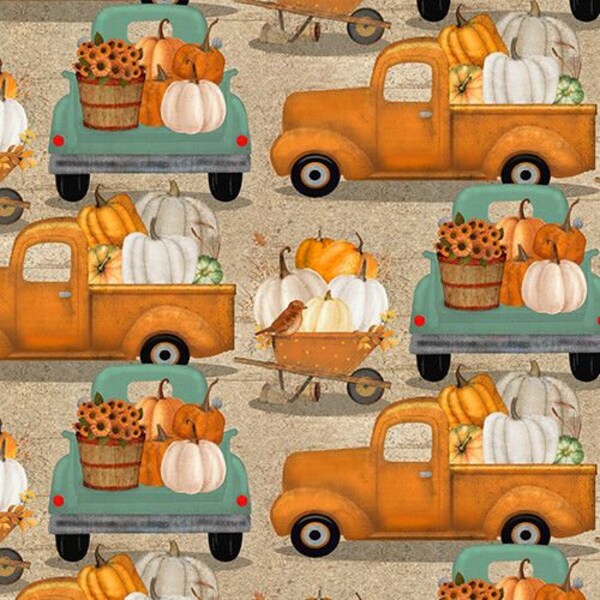 The Pick of the Patch Pumpkin Filled Trucks in Tan by Beth Albert for 3 Wishes 44 inches wide 100% Cotton Quilting Fabric 3W-20870-TAN