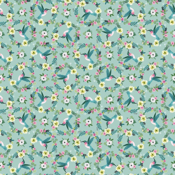 Tropical Menagerie Hummingbird in Aqua Green by Sharon Lee for Studio E Fabrics 44 inches wide 100% Cotton Quilting Fabric SE-7382-16