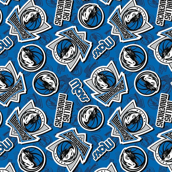 Dallas Mavericks NBA 2023 Sticker Toss in Blue by Camelot Fabrics 44 inches wide 100% Cotton Quilting Fabric NBA-83DAL203-01