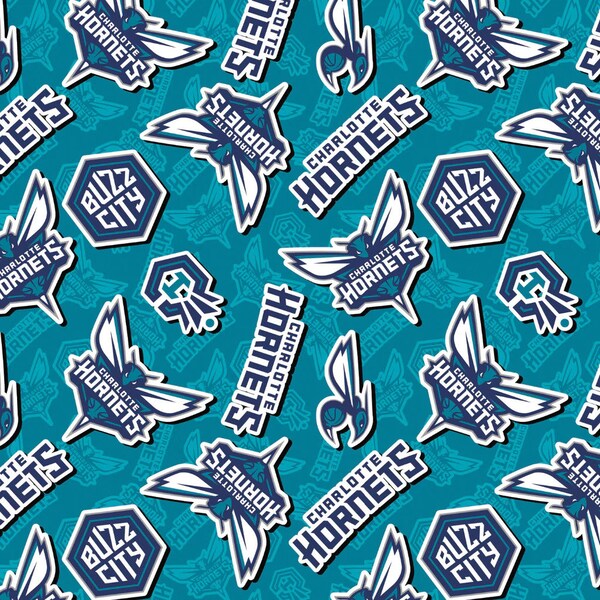 Charlotte Hornets NBA 2023 Sticker Toss in Teal Blue by Camelot Fabrics 44 inches wide 100% Cotton Quilting Fabric NBA-83CHA203-01