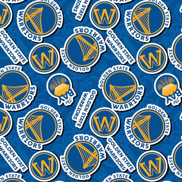 Golden State Warriors NBA 2023 Sticker Toss in Blue by Camelot Fabrics 44 inches wide 100% Cotton Quilting Fabric NBA-83GSW203-01