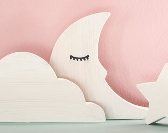 Rustique Wooden Sleeping Moon, Cloud, Star Decorative Set - Chambre ou Crèche - Moon & Stars