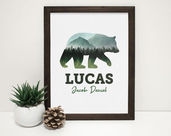 Baby Name Forest Animal Poster - Woodland Theme Custom Artwork - Bear, Fox, Deer, Moose, Eagle -  DIGITAL FILE