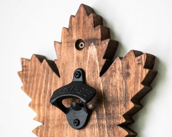 Maple Leaf Wall Mounted Rustic Bottle Opener for Beer, Soda Pop - Christmas Gift Hockey/Beer Lovers