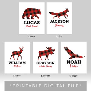 Baby Name Plaid Animal Poster Woodland Plaid Theme Custom Artwork Bear, Fox, Deer, Moose, Eagle DIGITAL FILE image 6