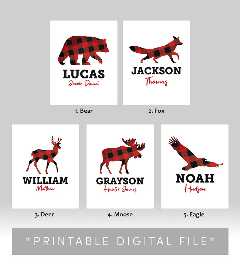 Baby Name Plaid Animal Poster Woodland Plaid Theme Custom Artwork Bear, Fox, Deer, Moose, Eagle DIGITAL FILE image 6