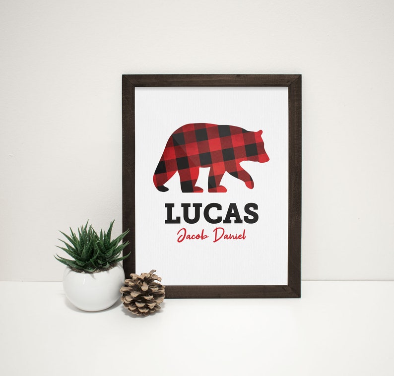 Baby Name Plaid Animal Poster Woodland Plaid Theme Custom Artwork Bear, Fox, Deer, Moose, Eagle DIGITAL FILE image 1