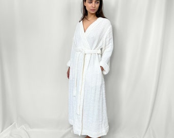 White Linen Bathrobe, natural linen, waffle linen, off-white linen, undyed linen