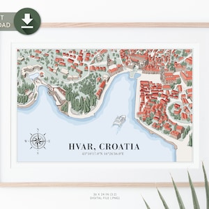 Hvar Coordinates Map | Instant PNG Download | Hvar Town, Hvar Island, Croatia Illustrated Travel Map with Location Coordinates