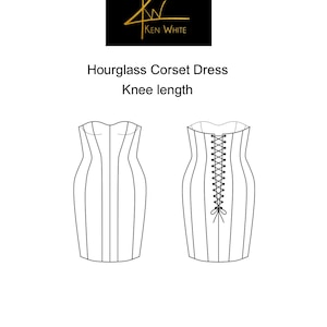 Puede incluir: Dibujo de línea de un vestido corsé sin tirantes hasta la rodilla con un cordón en la espalda. El vestido tiene un corpiño ajustado y una falda ligeramente acampanada. El dibujo está en blanco y negro.