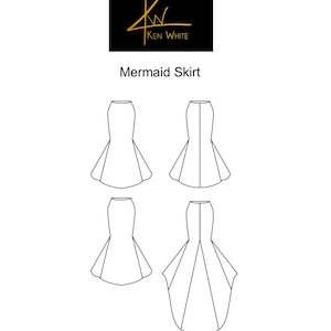 以下が含まれることがあります： 4つの異なるマーメイドスカートスタイルの線画イラスト。イラストは白黒で、シンプルでクリーンなデザインが特徴です。イラストの上に「Mermaid Skirt」というテキストが黒で書かれています。