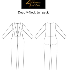 May include: A technical drawing of a Deep V-Neck Jumpsuit, front and back views. The jumpsuit is long-sleeved with a V-neckline and a fitted silhouette. The Ken White logo is at the top.