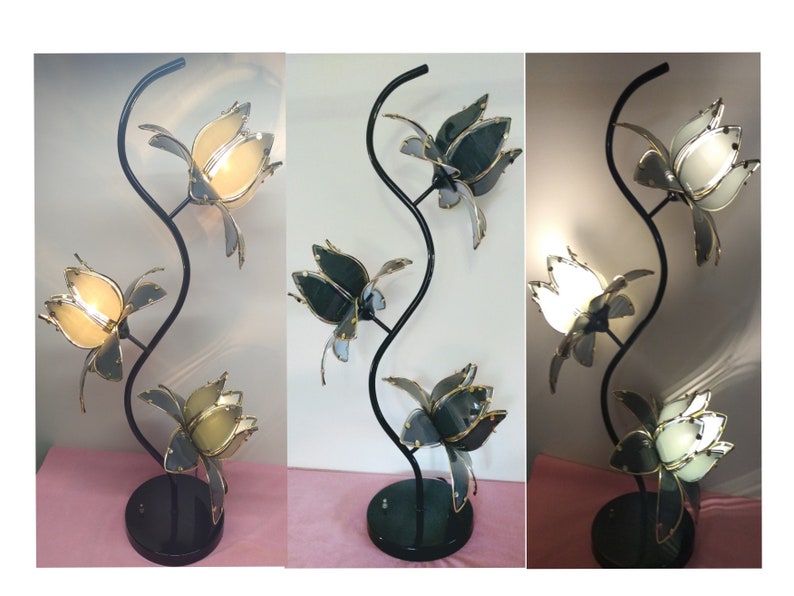 Vintage 3 Light Lotus Flower Table Lamp Smoke Gray Glass Brass Black Base 1980 S Lighting