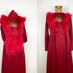 70s Marabou Feather Trim Cape Matching Maxi Dress and Feather Muff 3 Piece Set OOAK Custom Vintage Set Fall Autumn Regal XS/S