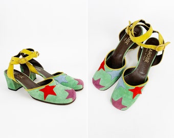 70s RARE Suede Multicolor Star Heeled Ankle Strap Shoes 8.5/9 Narrow