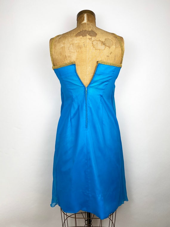 60s Blue Chiffon Grecian Style Gold Dress Cocktai… - image 4