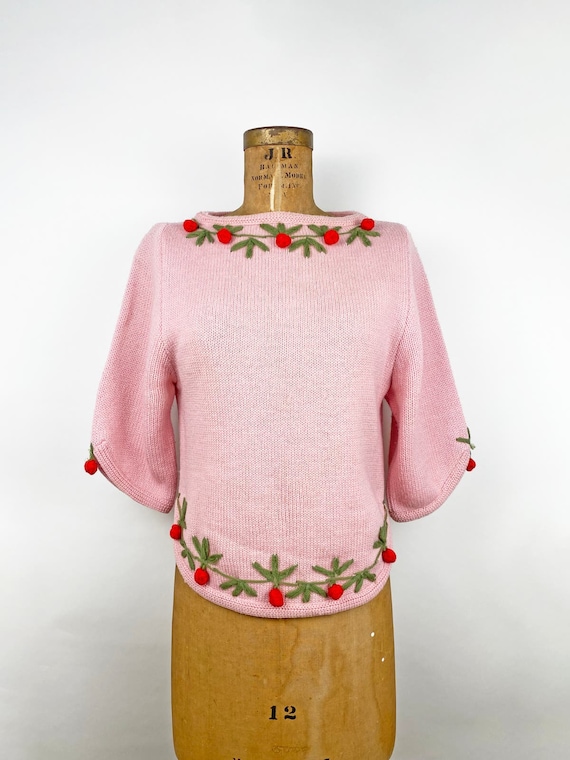 50s 60s Pink Wool Cherries Vintage Novelty Sweate… - image 2