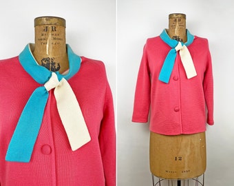 50s 60s Color Block Pink Blue Sweater Tie Neck Cardigan Jacket Vintage S/M